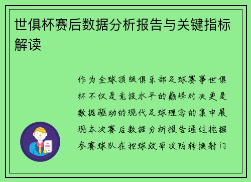 世俱杯赛后数据分析报告与关键指标解读