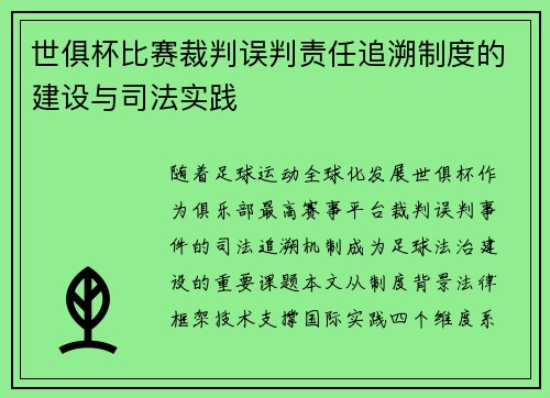 世俱杯比赛裁判误判责任追溯制度的建设与司法实践